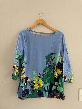 Talbots Light Blue Tropical-Print Boatneck 3/4 Sleeve Tee